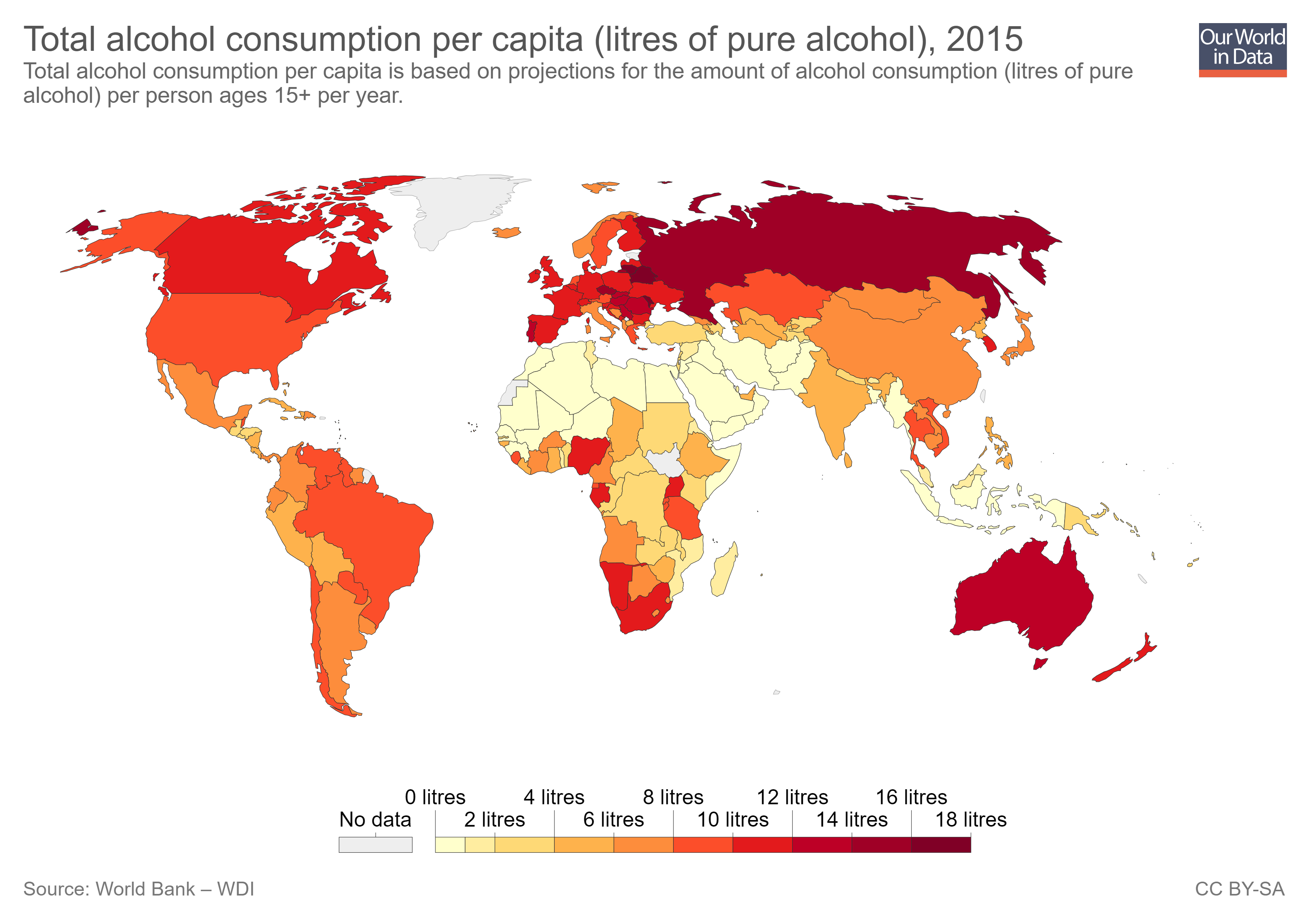Alkoholkonsum der Länder im Jahr 2015