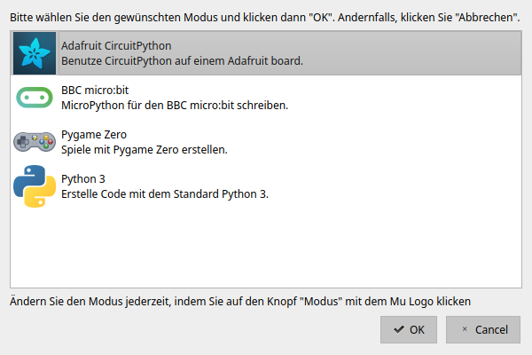 Mu-Editor "Modus wählen"-Dialog