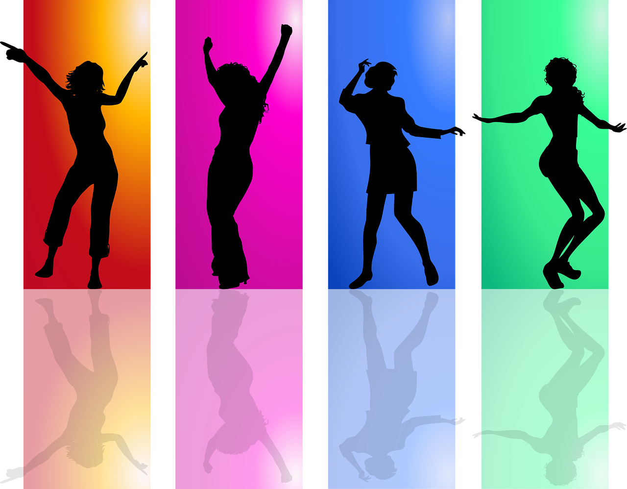 tanzende Frauen mit unterschiedlich farbigem Hintergrund