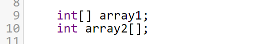Deklaration zweier Integer-Arrays mit den Variablenamen array1 und array2. Es macht keinen Unterschied, ob die Klammern hinter dem Datentyp oder dem Variablenamen stehen.