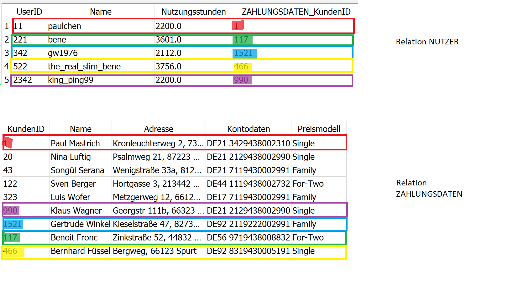 Paarungen NUTZER und ZAHLUNGSDATEN