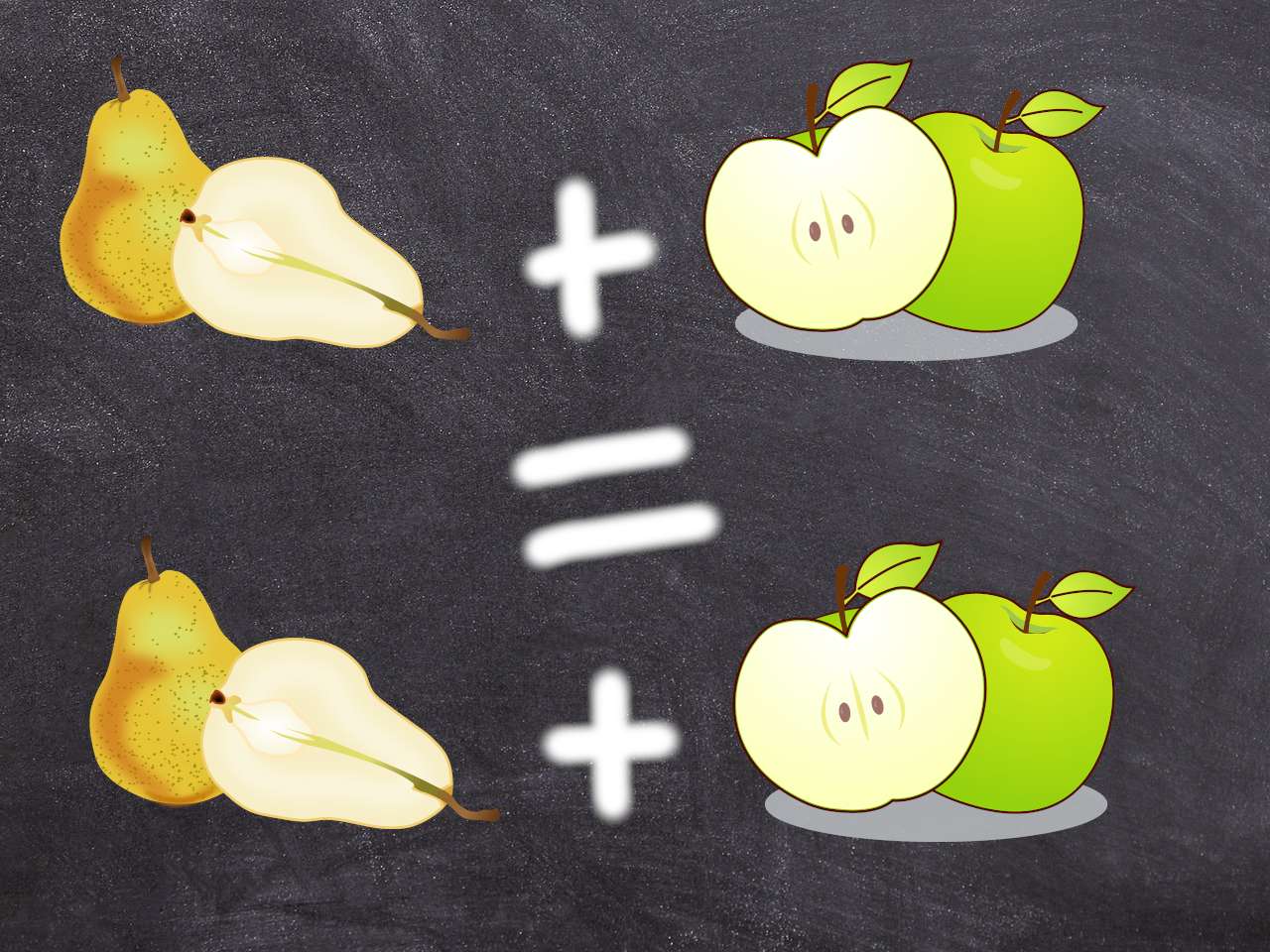 Äpfel und Birnen auf einer Tafel