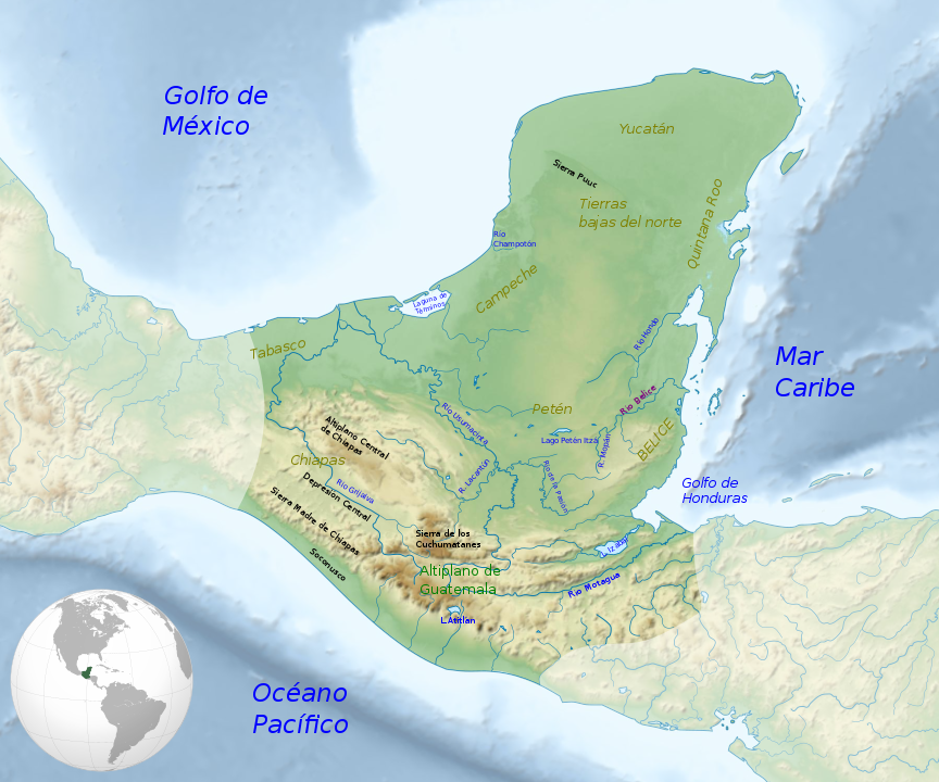 Mapa de la región maya donde figuran los principales ríos, montañas y regiones.