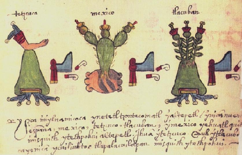 Representación pictográfica de tres altepetl, a saber, los que integraron la Triple Alianza.