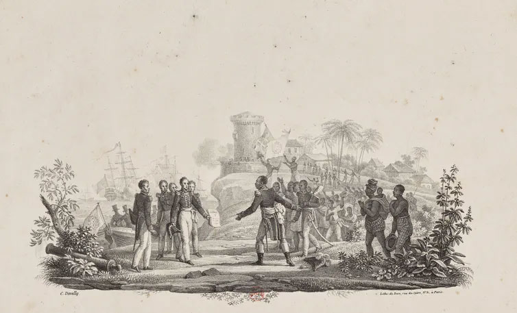 El presidente haitiano Jean-Pierre Boyer recibiendo el decreto de Carlos X que reconoce la independencia de Haití el 11 de julio de 1825.