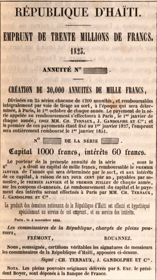 Un facsímil del billete de banco de los 30 millones de francos que Haití tomó prestados de un banco francés. 