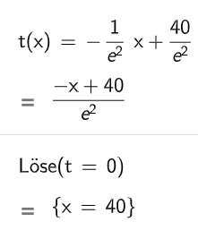 Die Nullstelle liegt bei  und ist für die Dreiecksfläche unterhalb der Tangente wichtig.