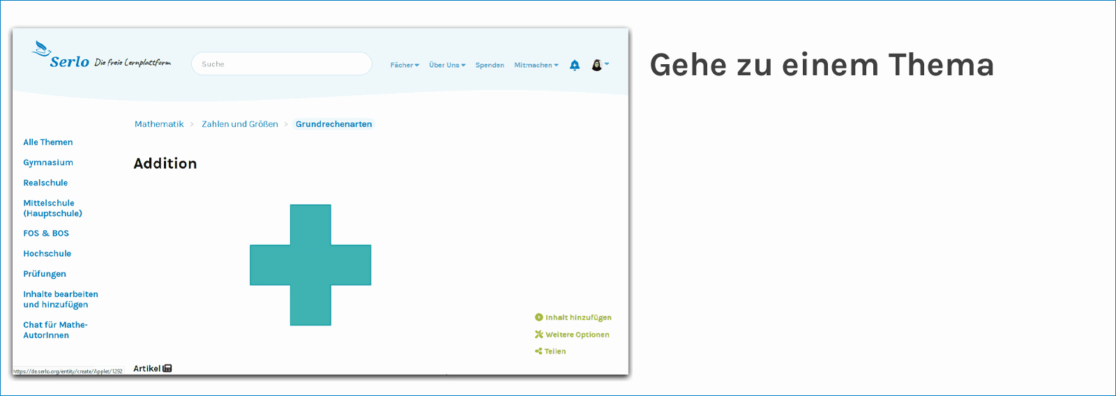 Die blaue Hand zeigt an, wo du klicken kannst, um die Art des zu erstellenden Inhalts auszuwählen. 