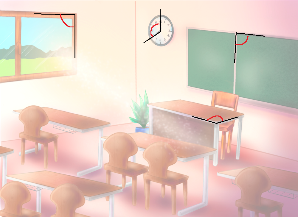 In diesem Bild siehst du einige Beispiele von Winkeln im Klassenraum
