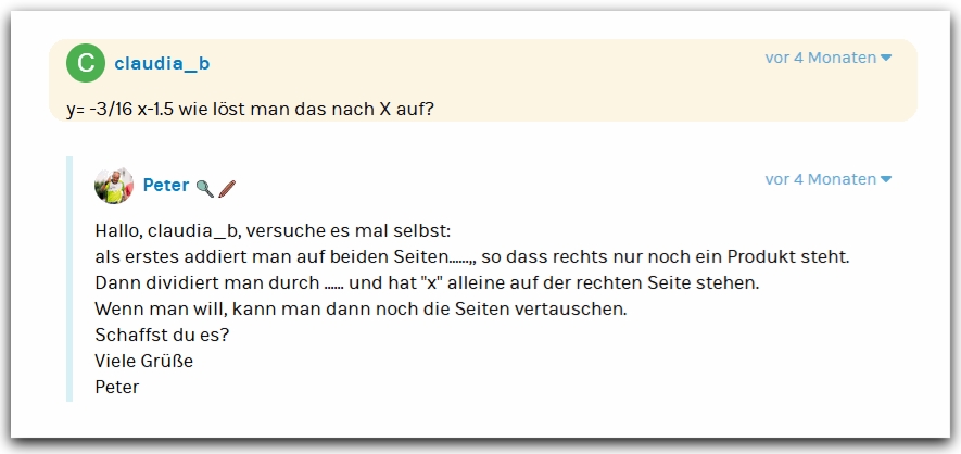 Peter beim Kommentieren des Artikels Lineare Gleichung  Kannst du das auch?