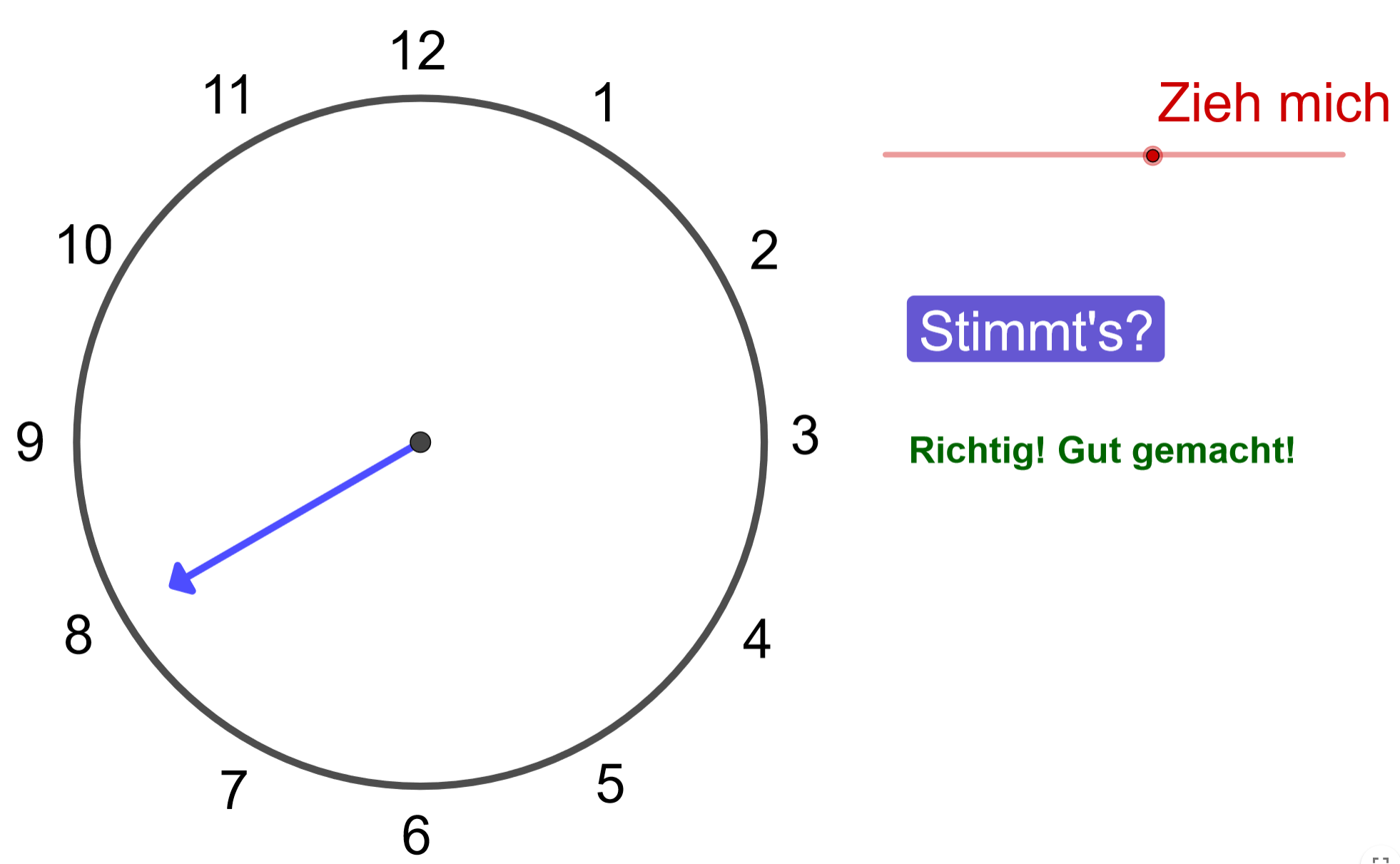Richtige Einstellung der Uhr auf 8 Uhr.