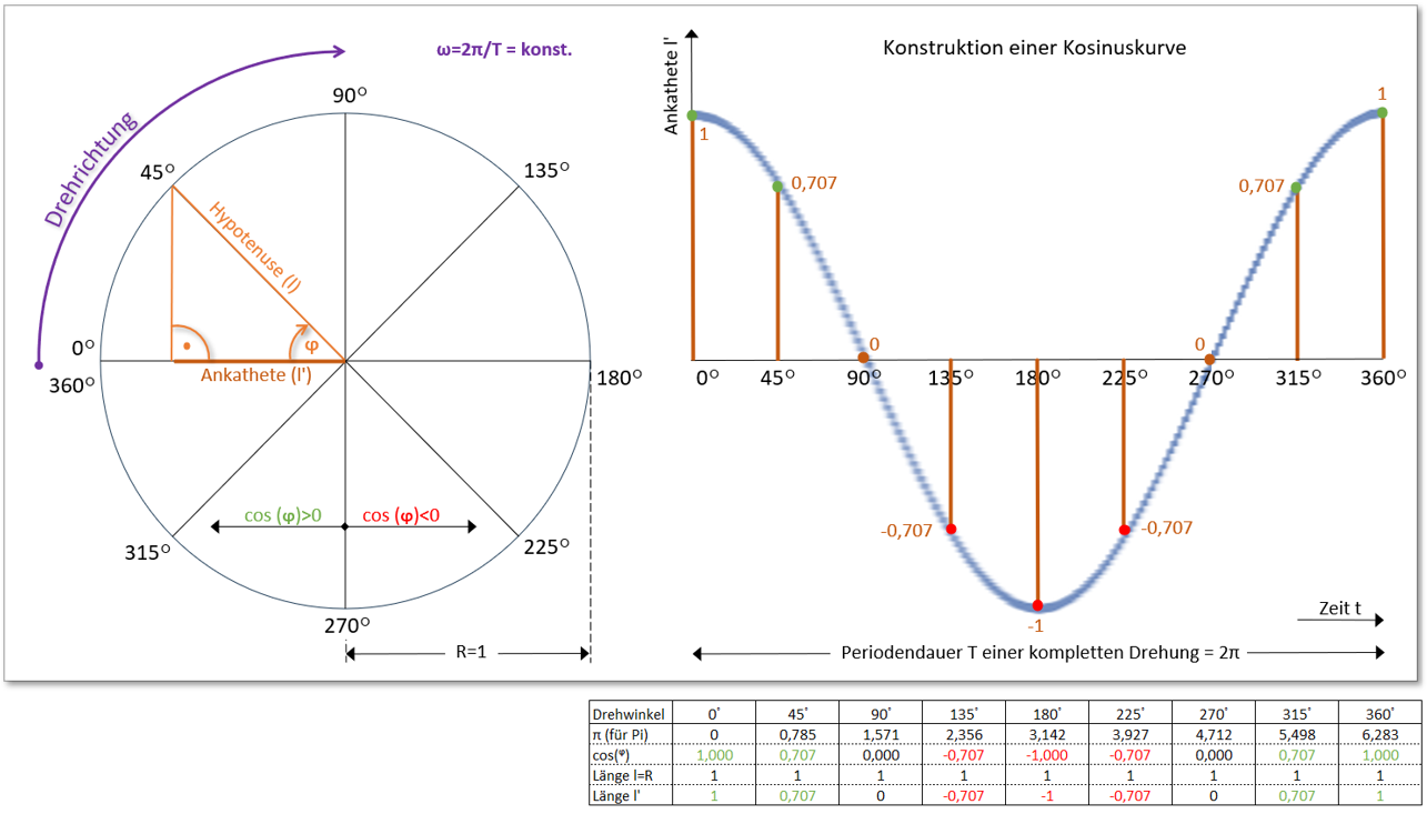 Abb. 5: Konstruktion eines Kosinusverlaufes aus Drehung im Vollkreis