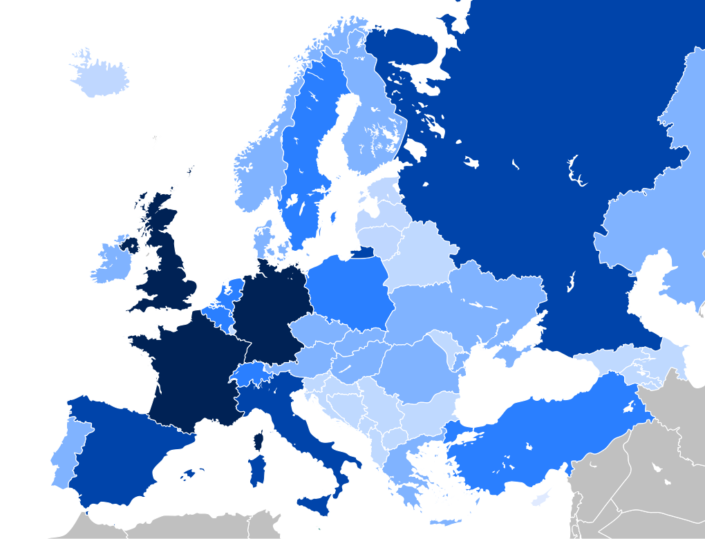 Darstellung des nominalen BIP der europäischen Länder im Jahr 2020. Je dunkler das Blau ist, desto höher ist das BIP.