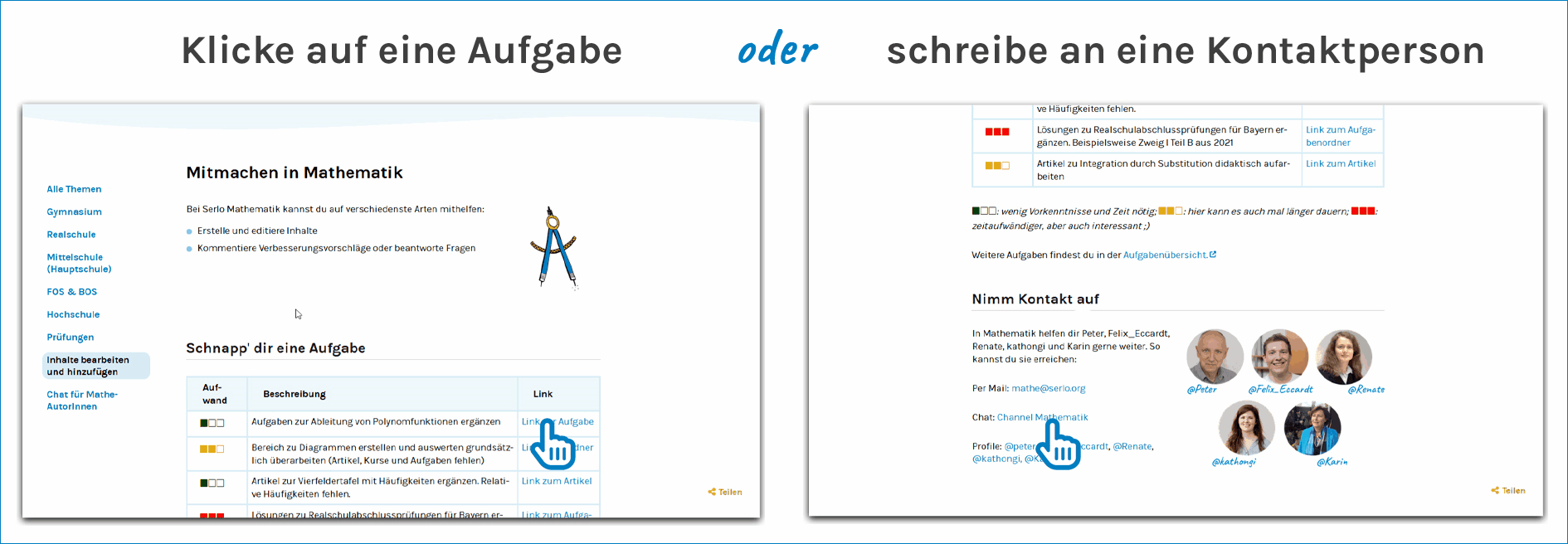 Beispiel, wo du auf eine Aufgabe klicken oder an eine Kontaktperson schreiben kannst.